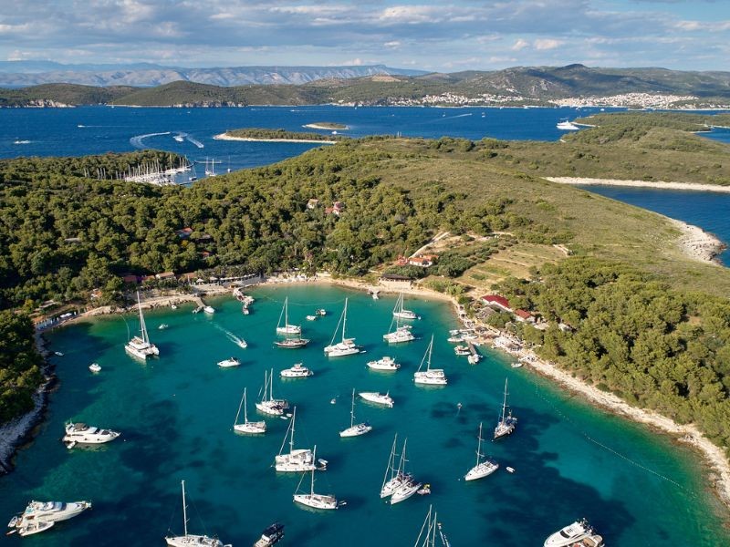 Pakleni Islands aerial view overlooking docked boats