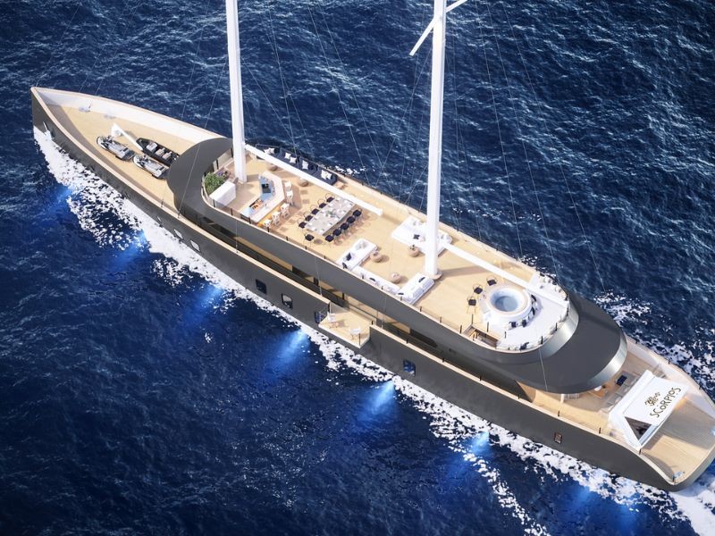 Aerial view of the luxury motor sailer Scorpios