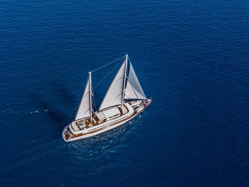 Aerial view of MSY Omnia whilst sailing